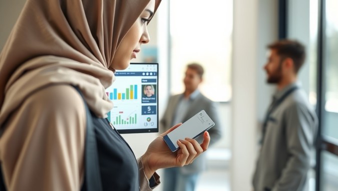 Tampilan depan aplikasi absensi sekolah digital yang digunakan oleh seorang santri, terintegrasi dengan data kehadiran real-time di layar monitor tata usaha