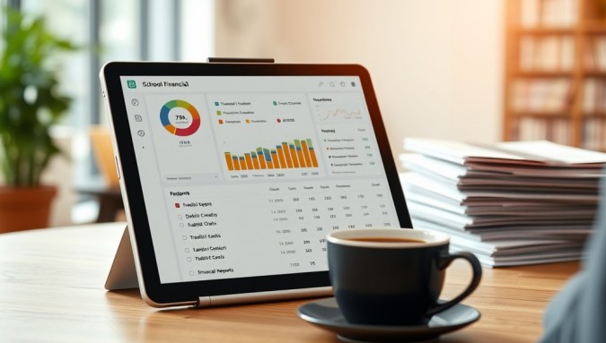 Dasbor aplikasi buku kas sekolah menampilkan grafik keuangan dan notifikasi transaksi real-time di tablet