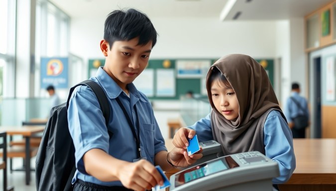 Siswa menggunakan aplikasi cashless sekolah saat bertransaksi di kantin dengan kartu digital