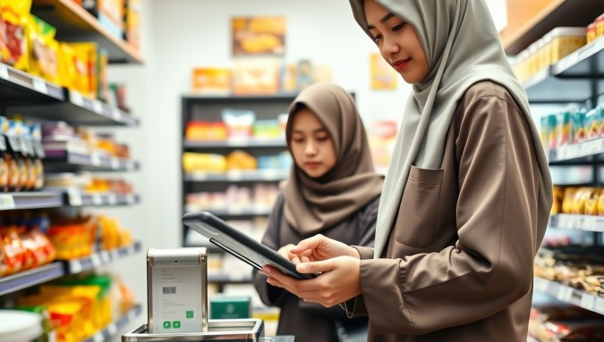 Petugas pesantren menggunakan aplikasi kasir pesantren untuk transaksi cashless santri di koperasi menggunakan kartu digital