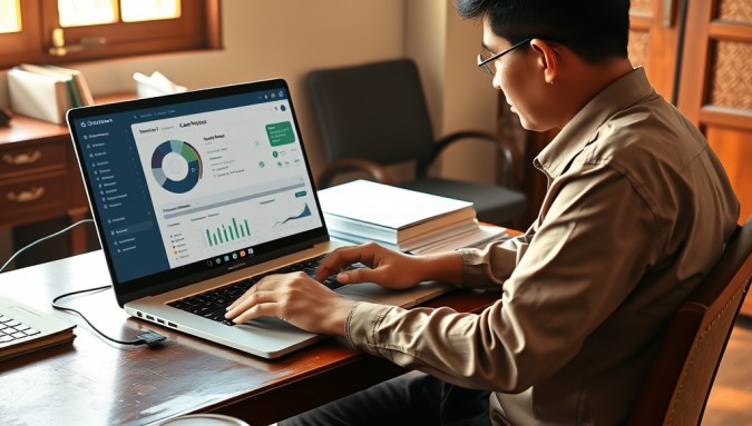 Dashboard aplikasi keuangan pesantren menampilkan integrasi buku kas, SPP, dan cashless di layar laptop petugas pondok