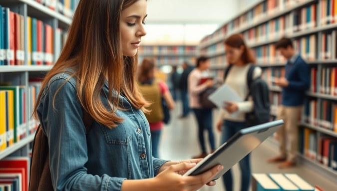 Petugas memindai buku dengan aplikasi perpustakaan sekolah digital di rak perpustakaan modern