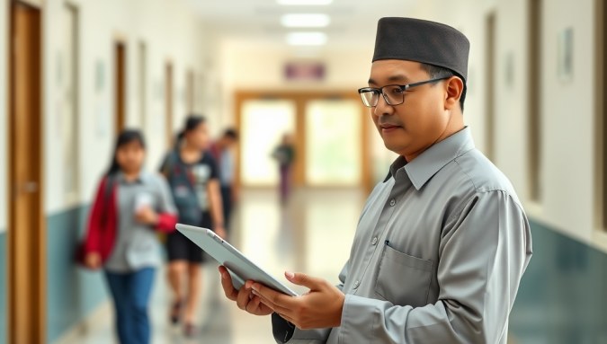 Seorang guru menggunakan aplikasi poin pelanggaran siswa di tablet untuk mencatat kedisiplinan santri di lingkungan pesantren