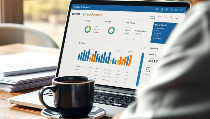 Dasbor aplikasi SPP sekolah menampilkan data keuangan dan transaksi digital siswa secara real-time di layar laptop