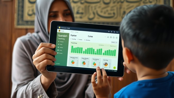 Aplikasi tahfidz pesantren menampilkan dashboard laporan hafalan santri di tablet untuk pemantauan akurat