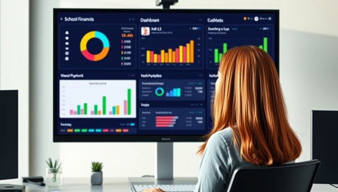 Petugas keuangan memantau dasbor digitalisasi keuangan sekolah yang menunjukkan grafik integrasi SPP dan transaksi non-tunai di lembaga pendidikan